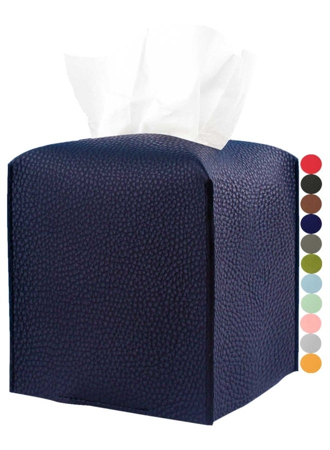 JESMINI Tissue Box Cover Square Leather - Tissue Box Holder with Bottom Belt [JESMINI, Navy Blue] Decorative Cube Tissue Holder for Bathroom - Image 1